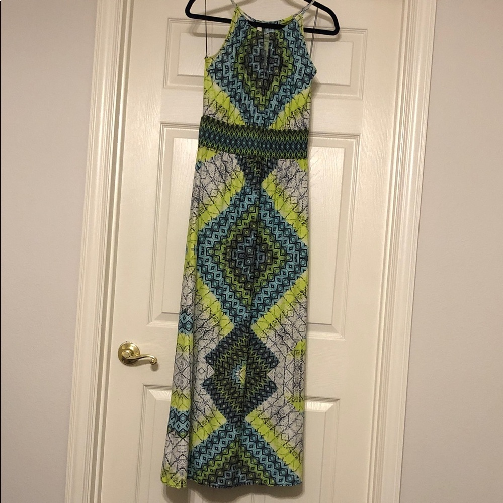 London Times Sleeveless Straps Maxi Dress in Blue & Lime Geometric Print 8